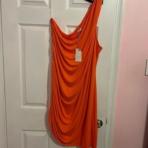 Orange Asymmetrical Ruched One Shoulder Dress